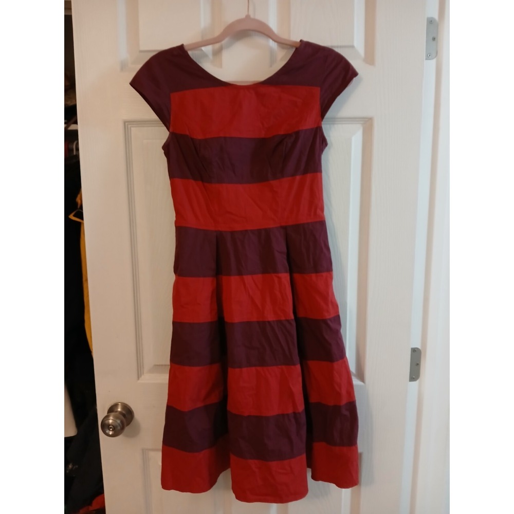 eShakti Red And Maroon Striped Dress Fit Flare Cap Sleeve Size S 4